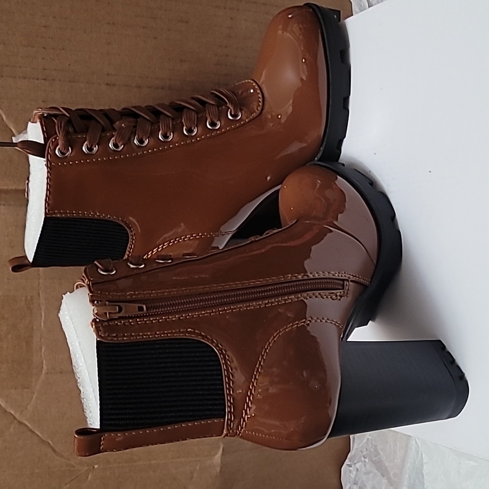 Cognac Boots Zip Up Chunky heel Size 6M Women's New - Picture 6 of 7